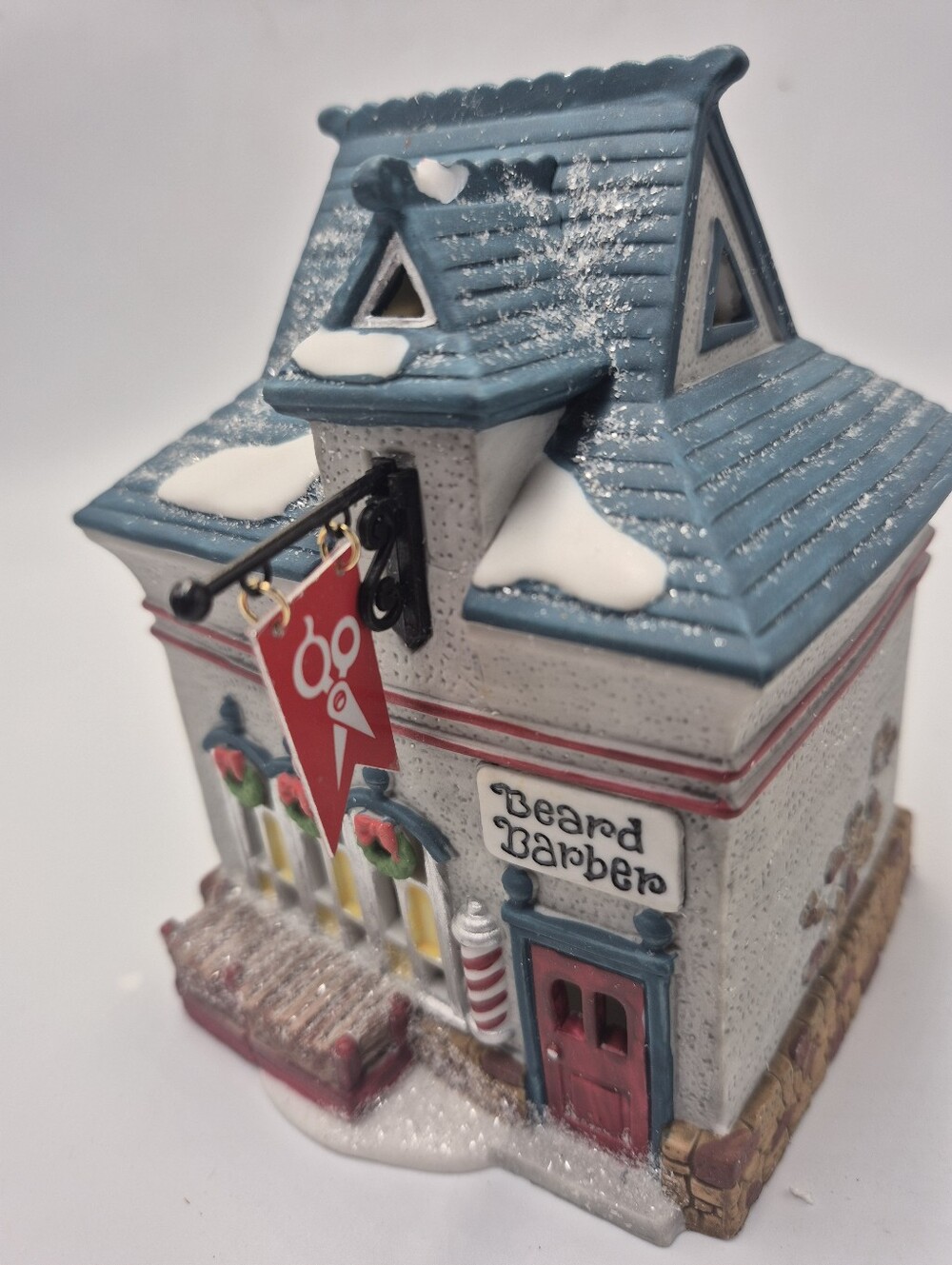 Department 56 snow village.Beard And Barber building
